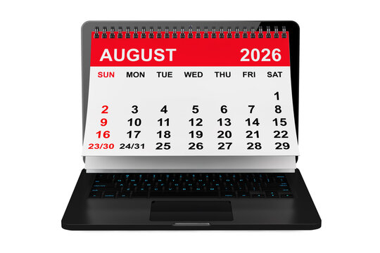 2026 year calendar. August calendar over laptop screen. 3d rendering