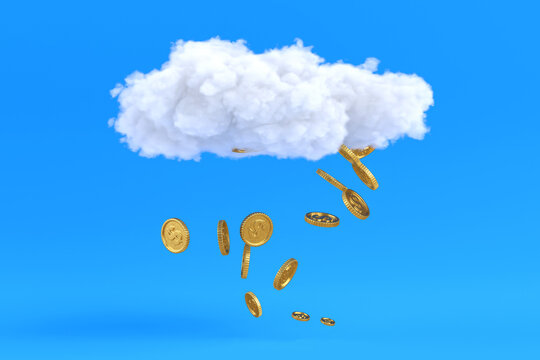 Financial Opportunity Concept. Golden Coins, Symbolizing Wealth, Income And Savings, Falling Down From A White Cloud.  3d Rendering