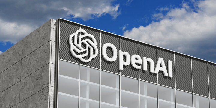 San Francisco, USA, February 15, 2023: Artificial Intelligence Corporate Concept. OpenAI Logo And Signage On Modern Glass Office Building Beneath Cloudy Blue Sky.  3d Rendering