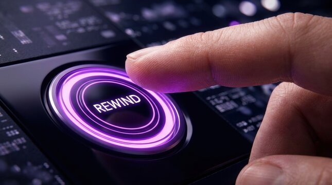 Rewind Button Activation: A close-up shot captures a finger pressing a glowing purple Rewind button on a futuristic electronic device, symbolizing a desire to return to the past or replay a moment.