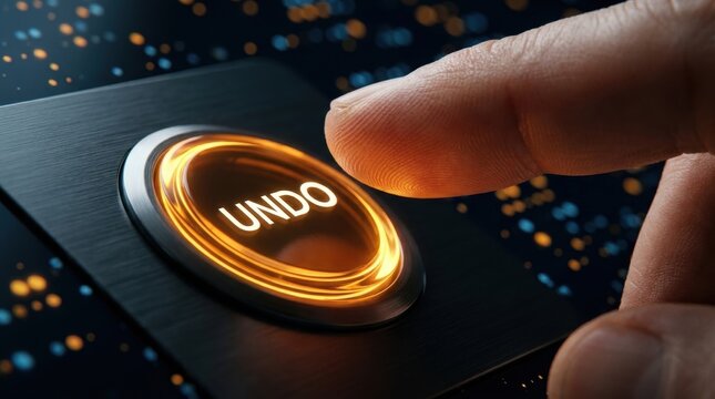 Pressing the Undo Button: A close-up shot captures a human finger about to press a glowing orange UNDO button on a dark, futuristic interface, symbolizing a second chance or a reversal of actions.