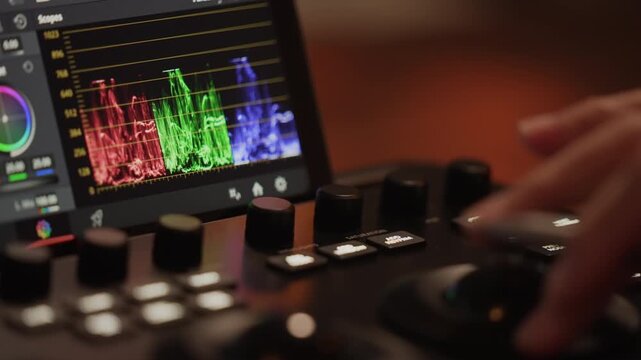 Close up zoom in shot of colorist hand adjusting console knob with moving RGB parade scopes on tablet screen in a warm studio environment.