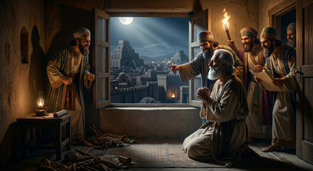 Obraz premium Bible, A dramatic, high-contrast digital painting depicting the moment the conspirators burst into Daniel’s room to find him praying. Daniel remains kneeling, unmoved and calm, 