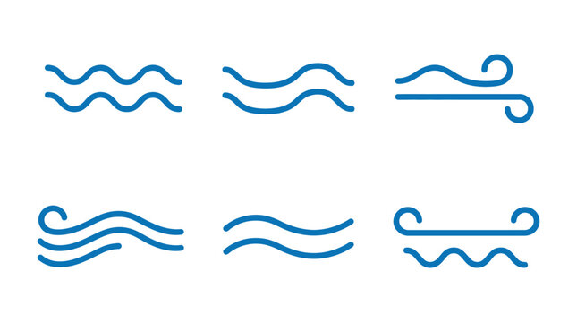 Blue seawater wave stroke collection representing marine tide, stream, and wind curves