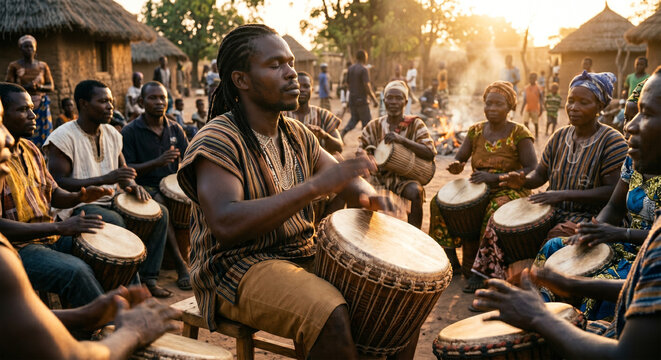 A candid, documentary-style photograph of a drum circle in a village setting, captured mid-rhythm with the musician&rsquo;s hands in a blur of motion, bathed in the soft, golden light of a setting sun.