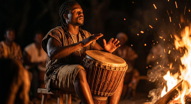 An atmospheric, cinematic portrait of a percussionist performing at an evening bonfire, with the djembe positioned between their knees, and the warm, flickering firelight creating deep shadows