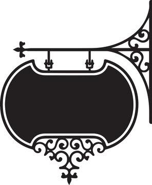 Vintage wrought iron hanging sign bracket with decorative scrolls and blank central panel for store brand identity shop banner mockup template.