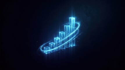 Fototapeta premium Glowing Bar Chart: An abstract glowing blue bar chart shows an upward trend with a swirling light trail, representing growth and success in a digital, futuristic style.