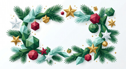 Fototapeta premium Festive Christmas Frame with Fir Branches Pine Cones Holly Berries and Evergreen Garland Border for Holiday Greeting Card Winter New Year Decoration Vector Illustration