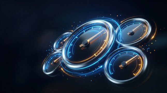 Performance Gauges: A dynamic display of glowing speedometers and performance meters, set against a dark, abstract background, symbolizing speed, progress, and high performance.