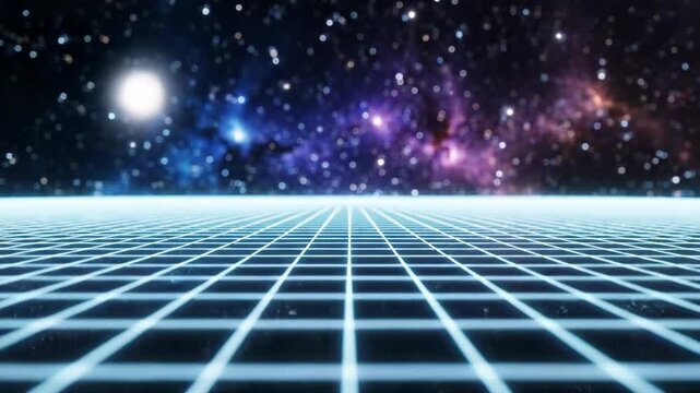 Wireframe grid receding into a vast, colorful nebula in deep space, science fiction landscape