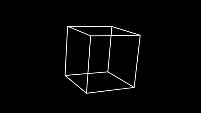 Minimalist 3D Wireframe Cube Rotating Outline Motion Graphics Element On Black Background Loop