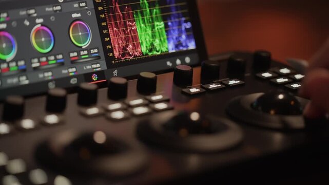 Close up of colorist hand holding stylus pen adjusting control panel knobs with moving color graphs tablet screen
