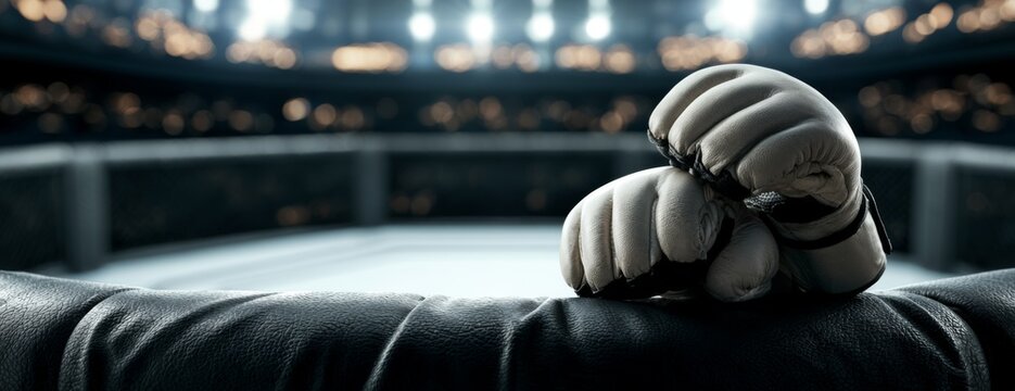 MMA gloves resting on the edge of the octagon in arena setting  