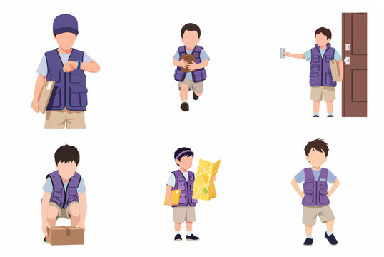 Cute little boy delivery courier character set in various poses, including carrying packages, checking time, and holding a map, perfect for children's career day and roleplay concepts.