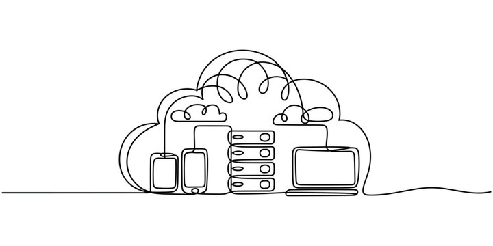 Single line of cloud computing network with servers phones and laptop technology data storage continuous one line drawing in white background
