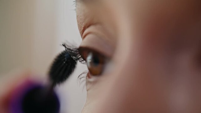 Closeup lady painting lashes using cosmetic brush. Young woman applying mascara