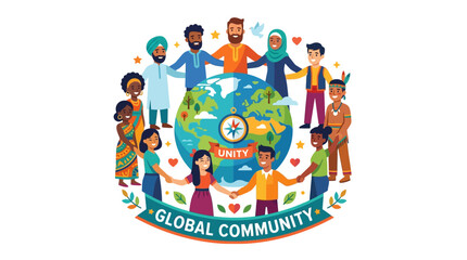 Fototapeta premium Global community, diverse people, earth illustration, vector icon, colorful graphics