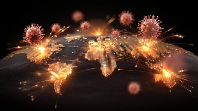 Global Network of Coronavirus Spread with Virus Particles over World Map in Futuristic Style