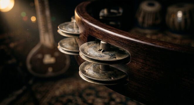 An extreme close-up view of the jingle slots and the mounting pins on a professional tambourine, highlighting the industrial craftsmanship