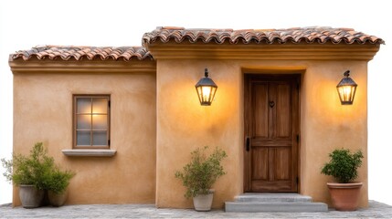 Fototapeta premium Warm Mediterranean Style House with Stone Steps and Lanterns Illuminating Charming Exterior Design