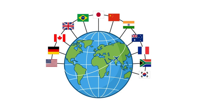 Global connections, world map, international flags, earth globe, vector illustration