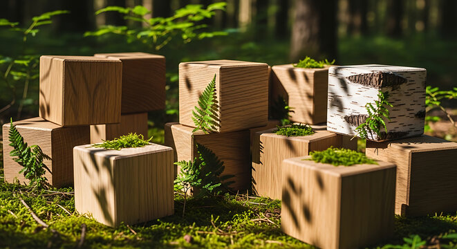 Wooden blocks with moss and ferns in a forest clearing outdoors