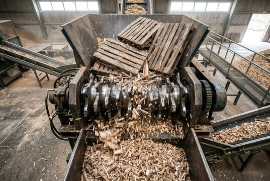 Factory conveyor system feeding wooden pallets into massive metal shredder