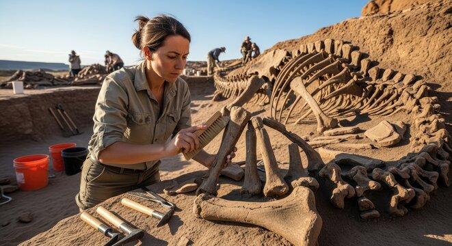A paleontologist carefully brushes sand away from a large dinosaur skeleton at an excavation site. Several other researchers are working in the background, assisting with the excavation.