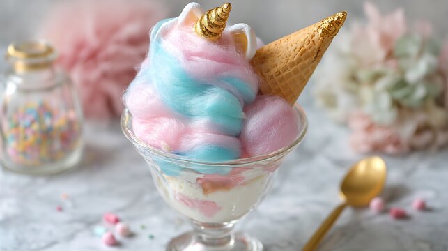 Colorful fantasy dessert with pastel cotton candy and gold horn in a glass sundae cup