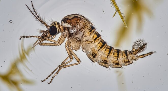 A macro photograph captures a close-up view of a male black fly (Simulium decorum) resting on a blade of grass. The fly exhibits intricate patterns of brown and black markings on its body.