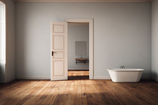 Interior scene shows a light-filled room with an open door revealing a modern bathroom.