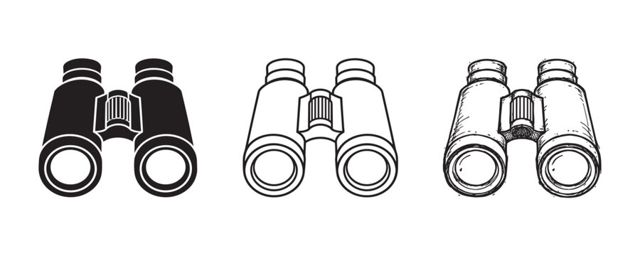 Binoculars icon vector set in solid, outline, and hand-drawn styles