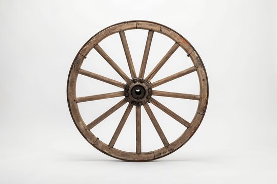 Large wooden wagon wheel with iron rim and spokes, isolated on a white background, showing aged timber texture and traditional construction