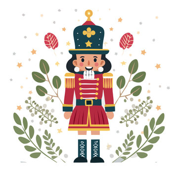 Flat illustration of a nutcracker soldier with foliage frame