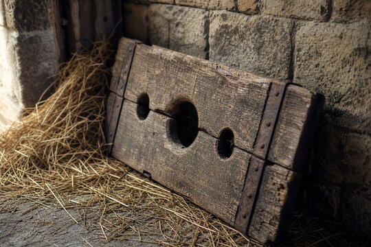 A rough wooden pillory in hay against a stone castle wall.