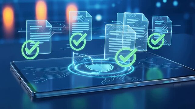 Futuristic interface displaying multiple digital documents validated with glowing check marks, advanced antivirus scanning system, secure file verification process, cybersecurity technology, 4K video