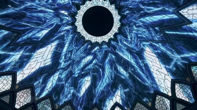 Ornate blue and white celestial dome ceiling, intricate starburst pattern with swirling icy textures, looking up towards dark void, abstract architectural detail, spiritual background