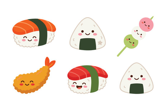 Kawaii japanese food sushi and cute onigiri vector illustration. Adorable asian cuisine character set with salmon sushi, ebi tempura, and dango clip art