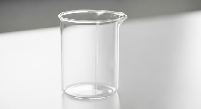 Empty laboratory glass beaker on table.