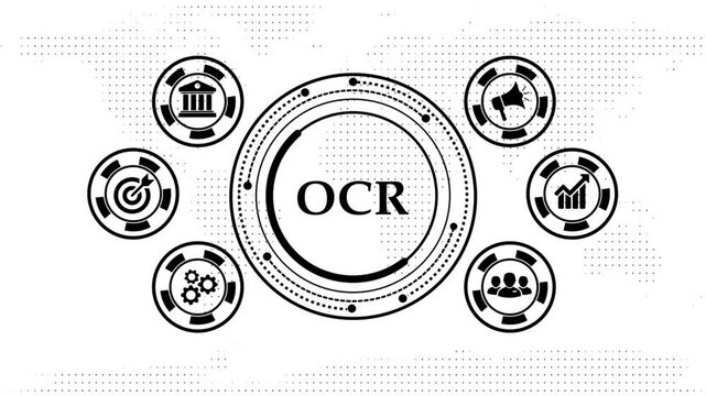 OCR optical character recognition concept animated text with business icons around.