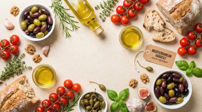 A Mediterranean harvest concept displays a variety of fresh ingredients on a light beige surface. Several bowls contain olives, tomatoes, and herbs.