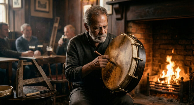 An atmospheric, cinematic portrait of a folk musician playing a bodhr&aacute;n in a cozy, dim-lit Irish pub, with a warm hearth fire in the background creating soft highlights on the drum and the musician's 