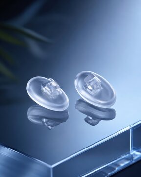 chitosan eyeglass nose pads on mirrored acrylic with cinematic soft light and clean negative space for premium stock background