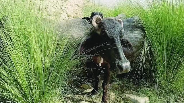 Black domestic water buffalo standing in tall green grass in a rural area