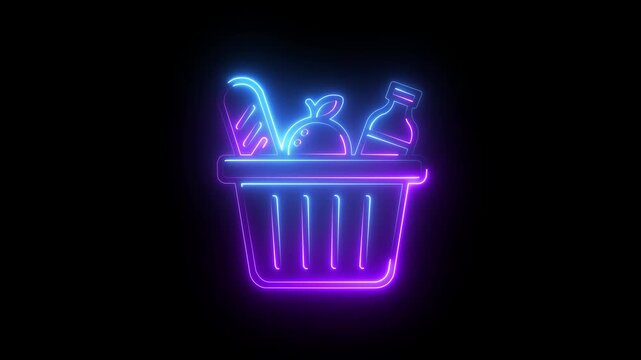 Neon shopping basket with groceries glowing blue and purple sign for retail and e-commerce marketing concept .4k video motion graphic animation.