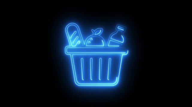 Glowing neon shopping basket with groceries animation for e-commerce and retail on black background . 4k video animation 