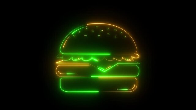 Neon hamburger sign animation, glowing fast food restaurant vibrant digital burger for food delivery and menu concept .4k video