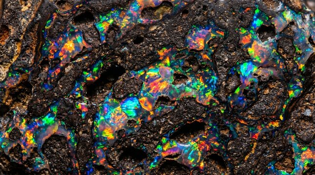 Close-up macro photography featuring a stunning natural black opal gemstone displaying vibrant iridescent fire play colors scattered within dark rocky volcanic matrix textures for luxury jewelry