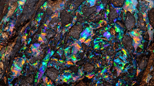Close-up macro photography featuring a stunning natural black opal gemstone displaying vibrant iridescent fire play colors scattered within dark rocky volcanic matrix textures for luxury jewelry